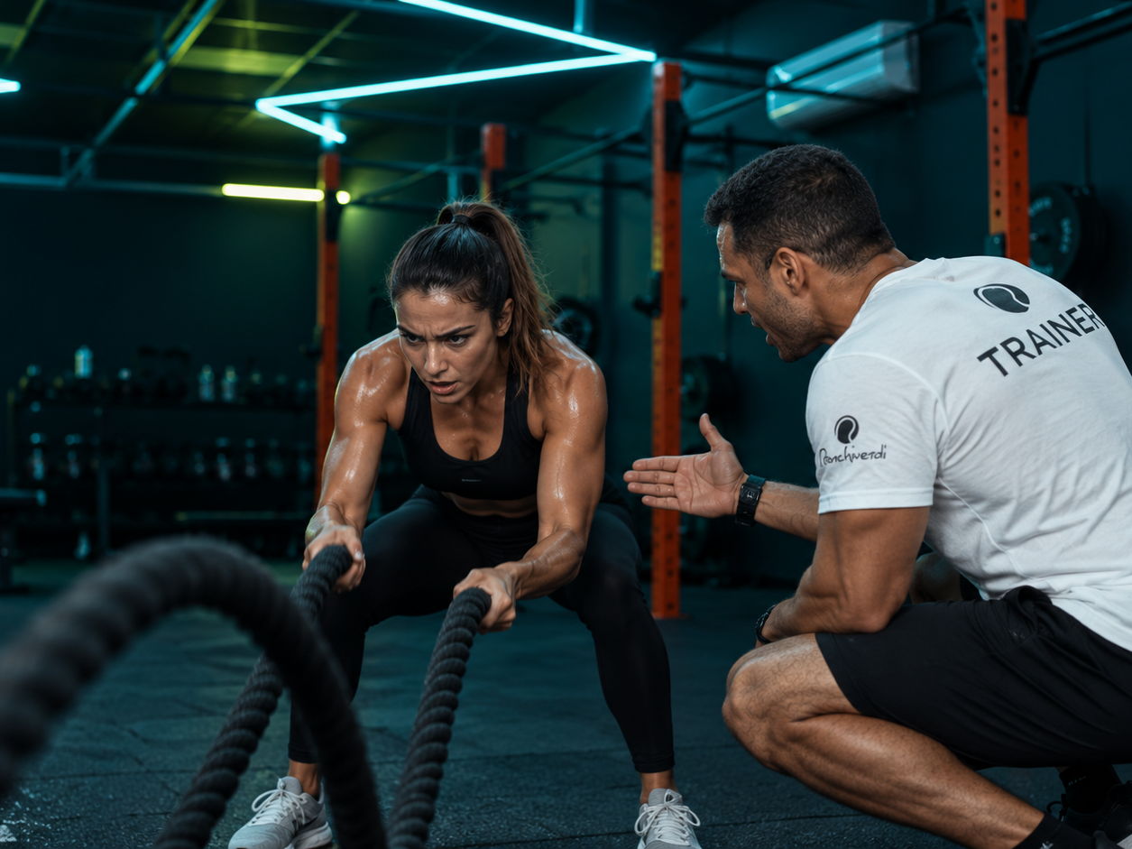 Trainer che segue un allenamento alle battle rope al Ronchiverdi Sport Club