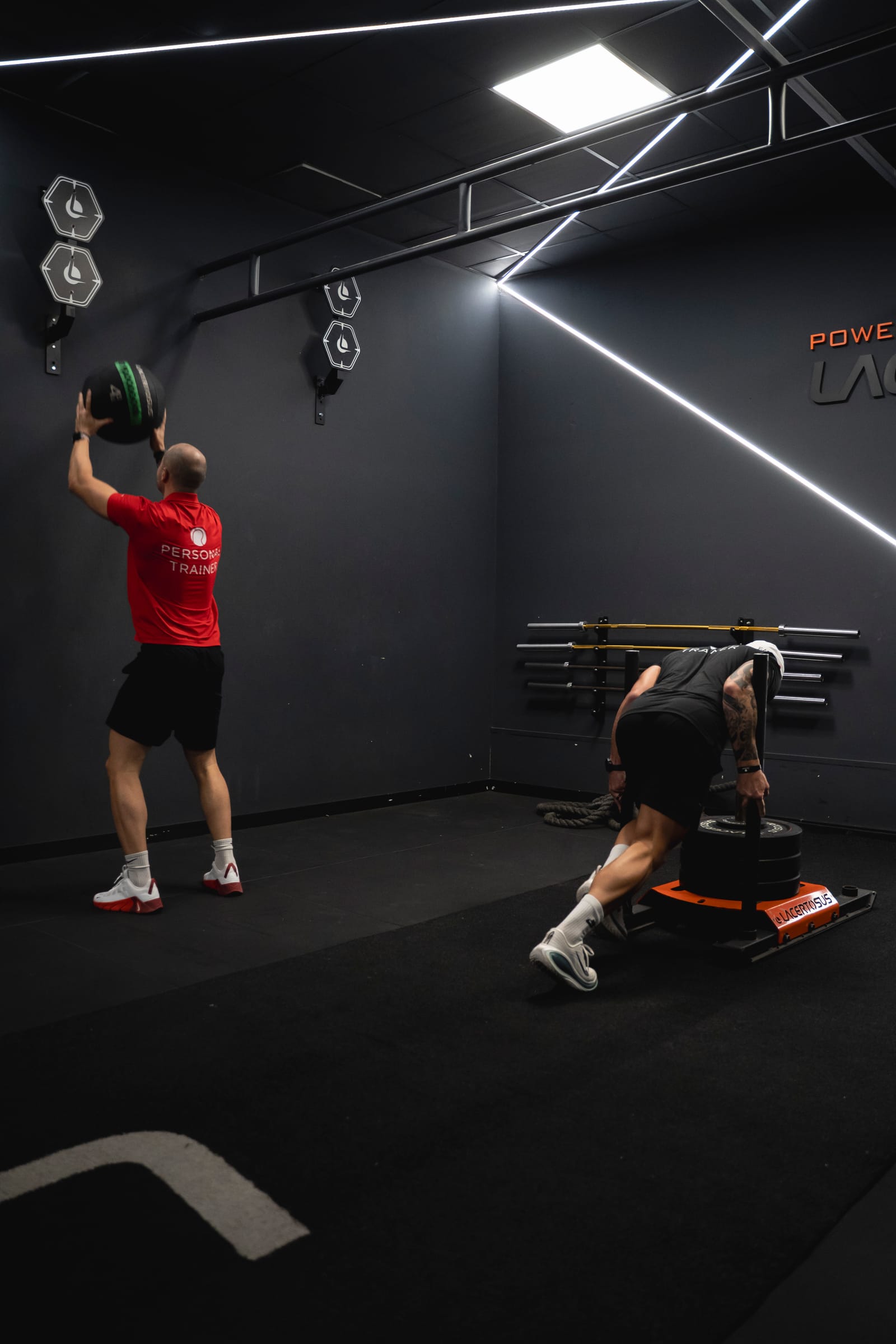Allenamento con la slitta (sled) nell'area Lacertosus, con un trainer sullo sfondo
